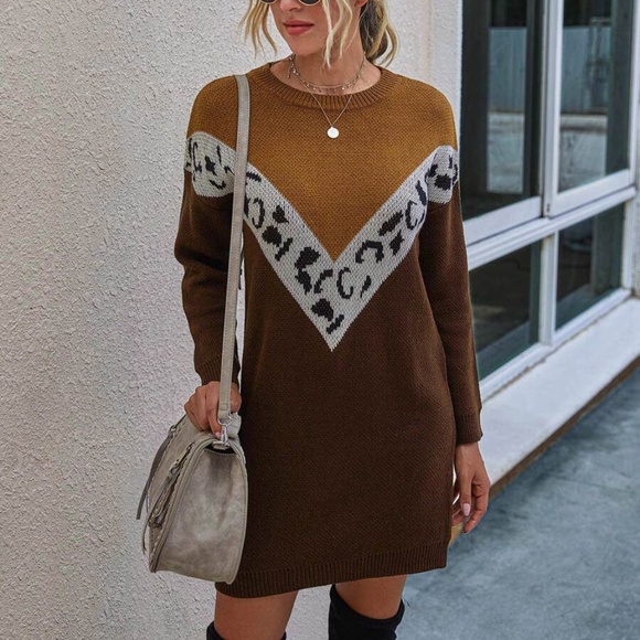 Black Grey Oversized Chevron Leopard print Sweater Dress - Picture 6 of 11